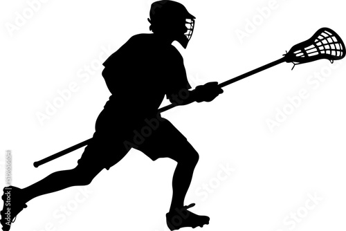 Lacrosse player silhouette running with stick and helmet on white background