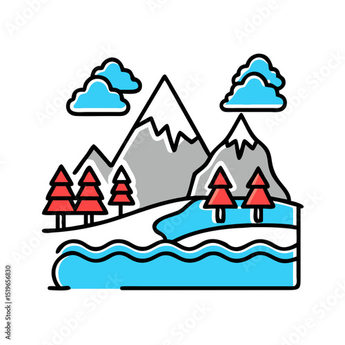 Mountain landscape with trees and river, representing nature and outdoor exploration.
