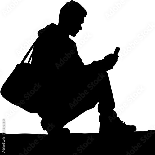 Silhouette of a person squatting and looking at a cell phone with a bag nearby