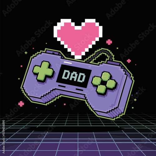 Retro pixel art gaming controller with heart and dad text design perfect for gamer dads funny tech day tribute artwork