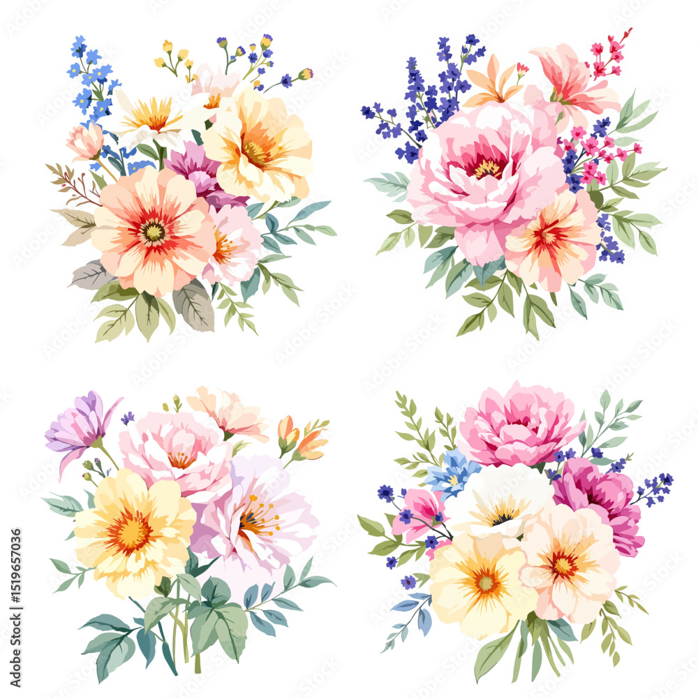 Fototapeta premium Watercolor flowers hand drawn floral illustration set on white background