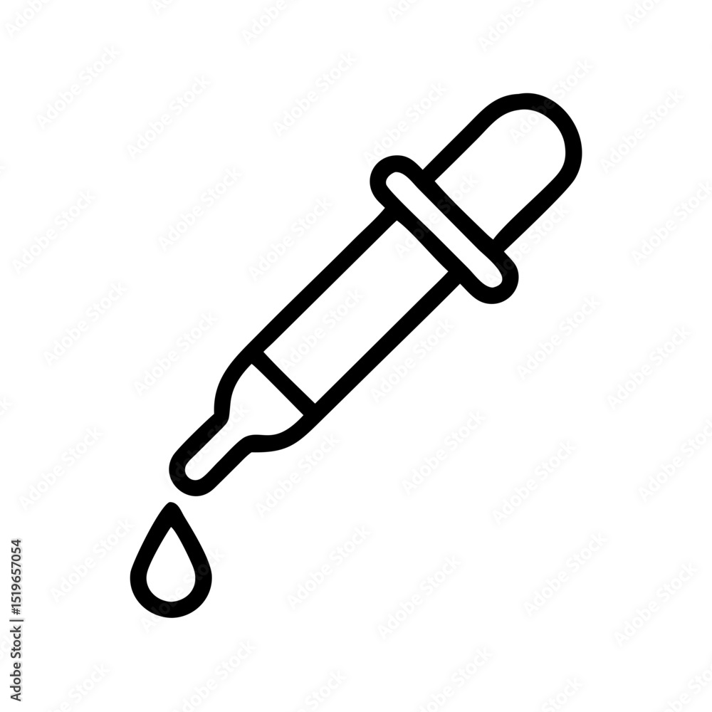 Outline graphic of a dropper dispensing a single drop of liquid in a minimalist style design element Outline graphic of a dropper dispensing a single drop of liquid in a minimalist style design element
