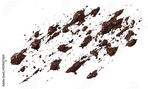 Mud splatter drops isolated on white, vector illustration, dirt stains, grunge splash, soil texture, abstract dirt, nature marks, earth elements, environmental concern.