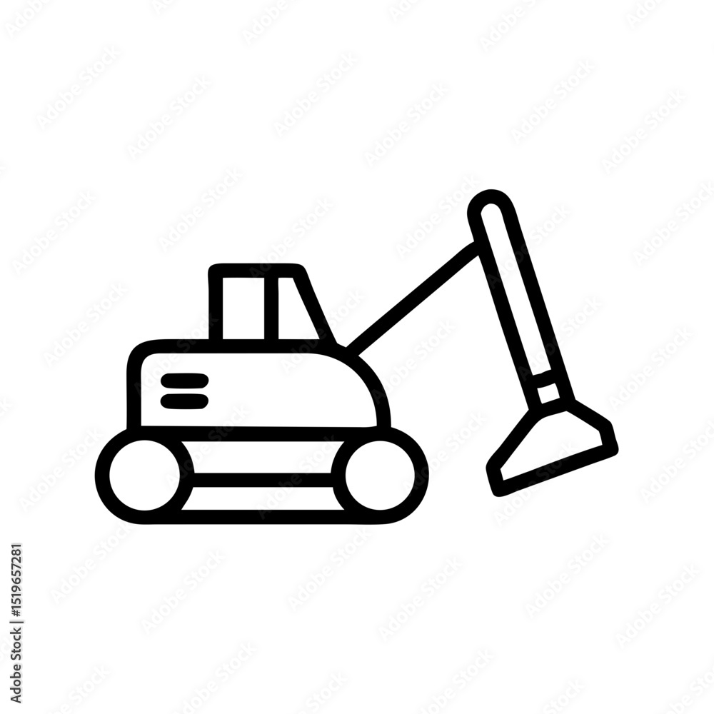 Naklejka premium Simple depiction of a small excavator with a digger arm and treads in a line drawing style