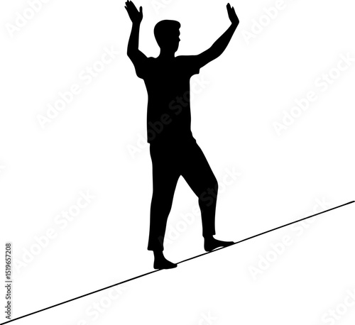Silhouette of a man balancing on a tightrope with his arms raised for balance