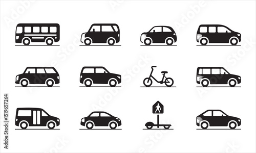 a set of various transportation icons, including cars, vans, buses, a bicycle, and a pedestrian crossing sign, all in a simple, black silhouette style.