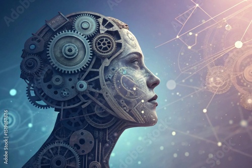 Abstract composition of robotic components forming a human face A futuristic profile of a woman made of gears and mechanical elements.