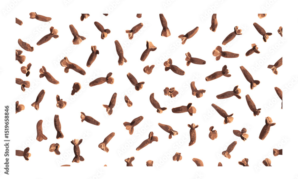 Syzygium aromaticum spice pattern, dry cloves isolated on white, vector illustration, herbal medicine, cloves aroma, cooking herbs, kitchen decoration, natural spice design. Syzygium aromaticum spice pattern, dry cloves isolated on white, vector illustration, herbal medicine, cloves aroma, cooking herbs, kitchen decoration, natural spice design.