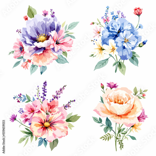 digital illustration, fresh bunch of wild flowers, isolated on white background
