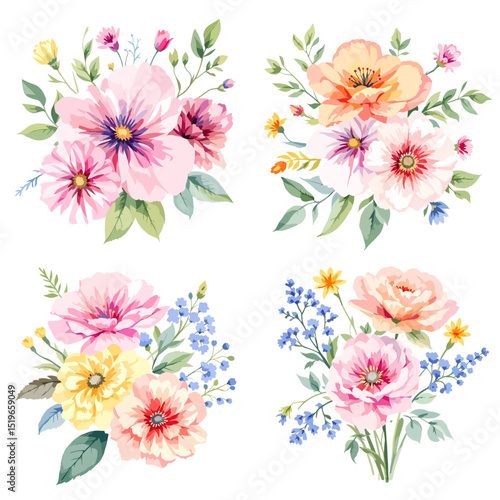 digital illustration, fresh bunch of wild flowers, isolated on white background