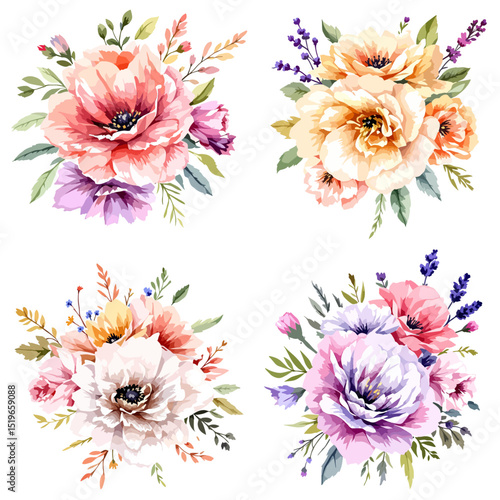 Watercolor pink and purple flowers and green leaves Illustrations isolated
