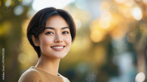 smiling Japanese woman with short hair in sunny outdoor setting, exuding warmth and happiness.