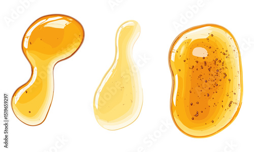 Honey spill isolated on white, top view, vector illustration, sweet liquid splashes, sticky substance, close-up honey texture, food composition, nature, organic ingredient.