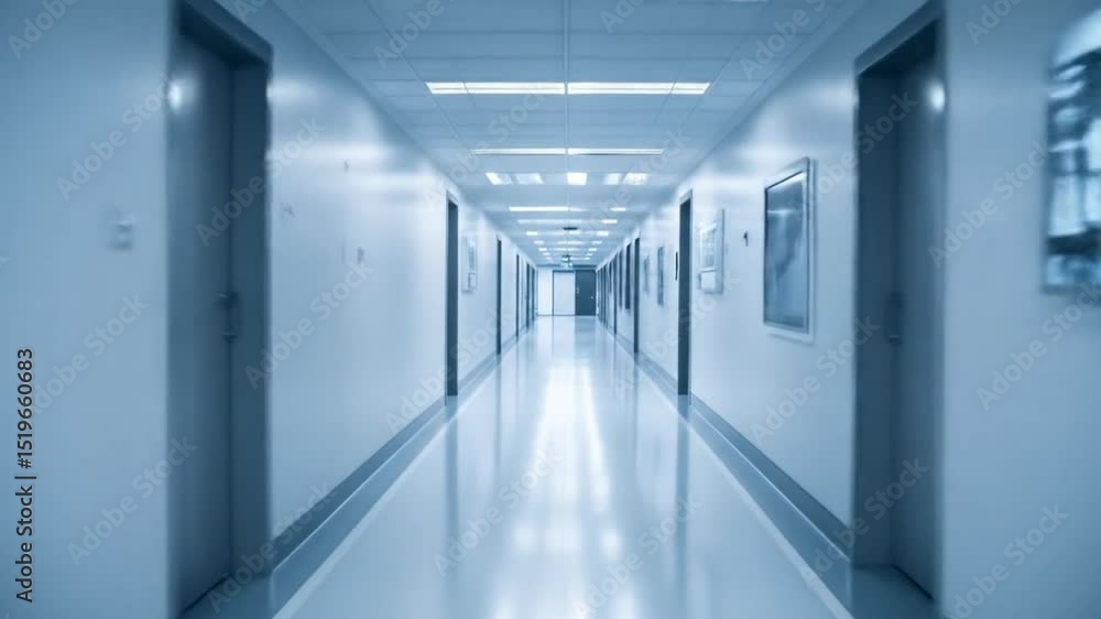 Empty, sterile hallway with light-blue walls and gleaming floor Empty, sterile hallway with light-blue walls and gleaming floor