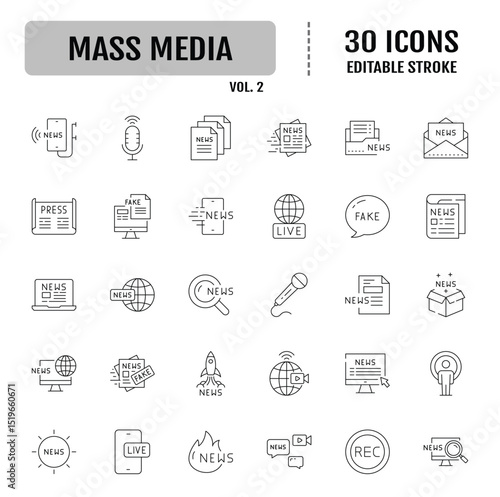 Mass media line icon set. Containing TV show, program, news, report, video, interview. Editable stroke. Vector illustration