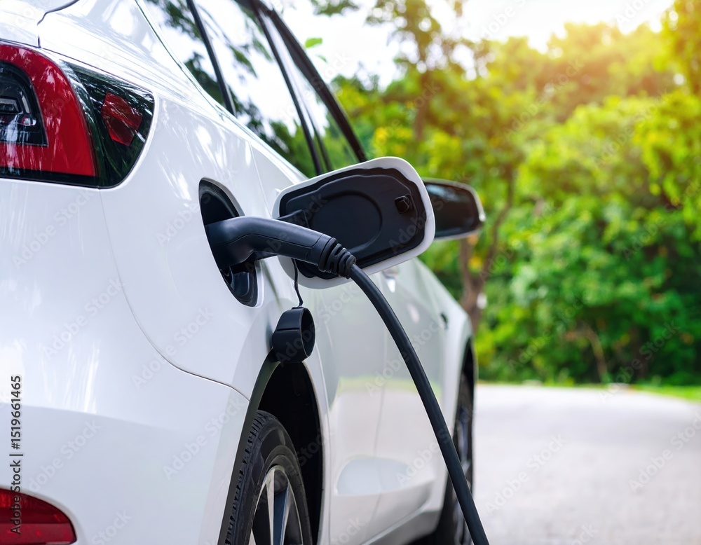 Electric car charging, white vehicle with red plug in trunk – sustainable transportation Electric car charging, white vehicle with red plug in trunk – sustainable transportation