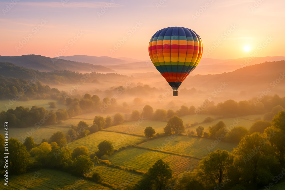 Fototapeta premium Colorful hot air balloon floating over misty landscape at sunrise