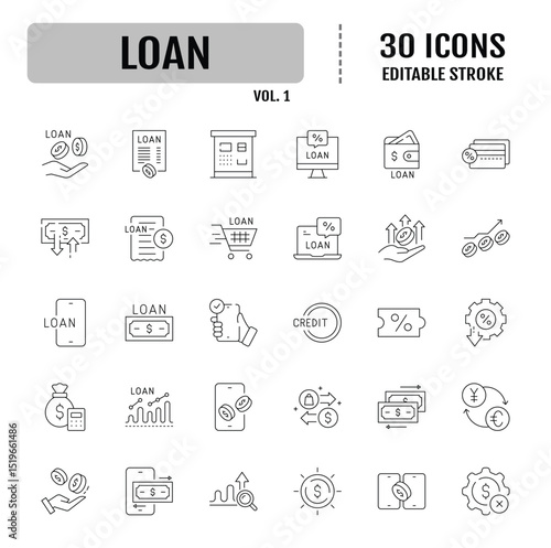 Loan line icon set. Containing repayment, credit score, mortgage, refinancing, debt. Editable stroke. Vector illustration