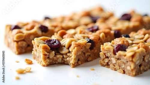  Close-Up of Granola Bars with Nuts, Oats, Honey, and Dried Fruits on White Background