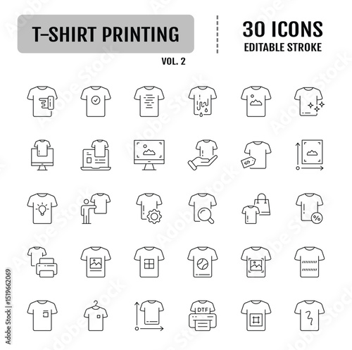 T-shirt printing icon set. Editable stroke. Vector illustration