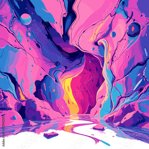 Vivid abstract cavern landscape with colorful rock formations for fantasy art concept

