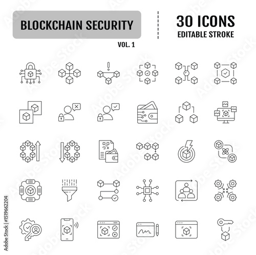 Blockchain security line icon set. Editable stroke. Vector illustration