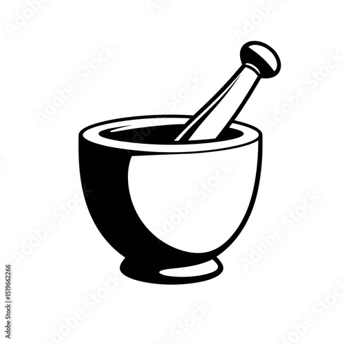 Black and white illustration of mortar and pestle symbolizing herbal remedies and pharmacy