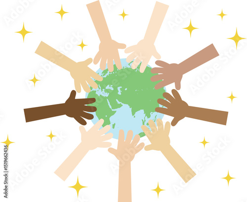 希望に手を伸ばす未来の子どもたちと地球のイラスト/Children Reaching for the Earth – Hopeful World and Future Illustration