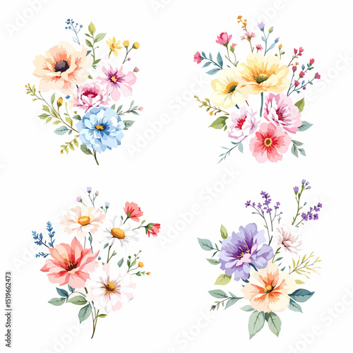 Set Watercolor bouquet colorful flowers on white background, Watercolor bouquet