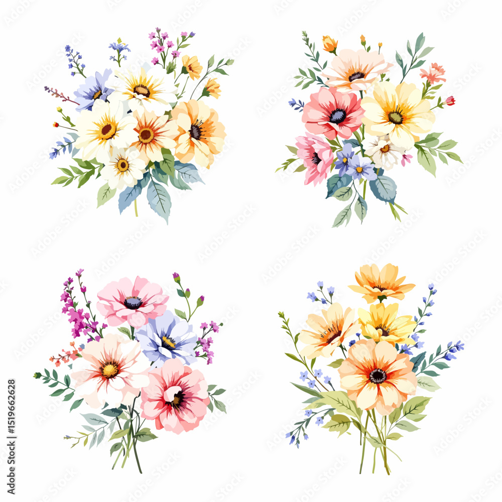 Fototapeta premium Set watercolor bouquet abstract flowers on white background