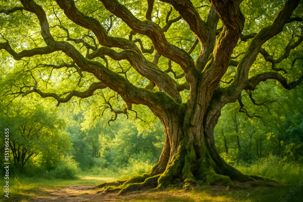 Fototapeta premium Majestic tree with intricate branches in serene forest setting