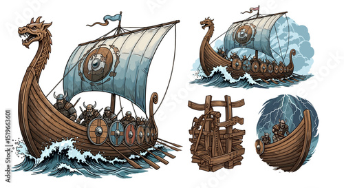 A collection of viking longships with warriors and a wooden siege tower illustration art style