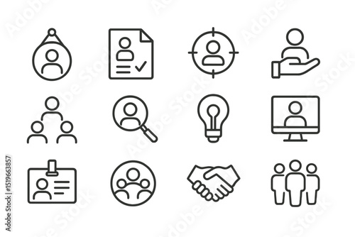 Illustrations depicting various aspects of recruitment and hiring process in a corporate setting