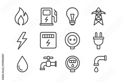 Energy sources and utilities illustrated with simple icons in a grid layout