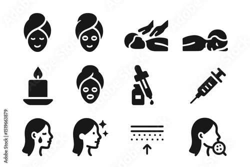 Spa treatment icons showcasing various wellness activities including facial masks, massages, and skin care