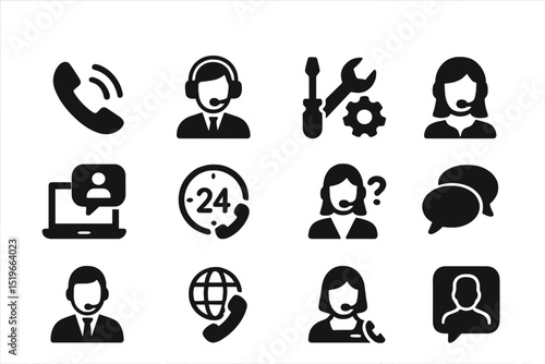 Customer support icons representing various communication methods and tools for assistance available around the clock
