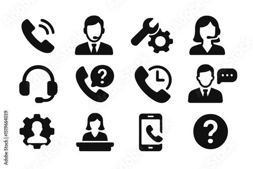 Collection of black and white customer service icons illustrating various support roles and communication tools used in assistance tasks