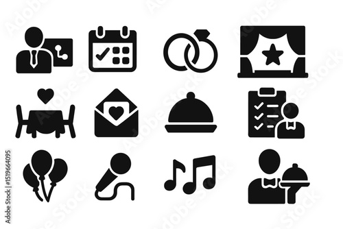 Planning an event with icons representing scheduling, dining, entertainment, and celebration activities