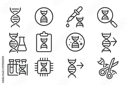 Collection of DNA-related icons representing genetics, research, and biotechnology processes in a modern design