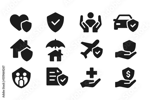 Icons representing various types of insurance and protection in a minimalist design for digital applications and websites