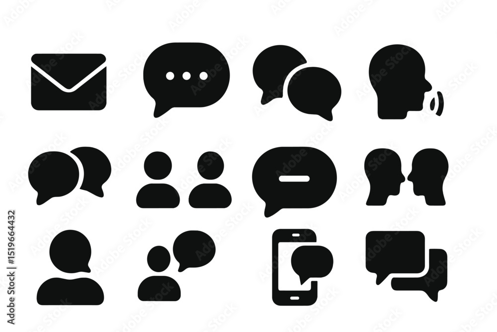 Collection of black communication icons showcasing various interaction methods and styles Collection of black communication icons showcasing various interaction methods and styles