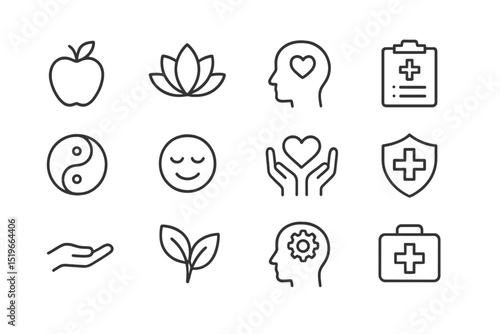 Wellness and health icons representing mental well-being, nutrition, and self-care concepts