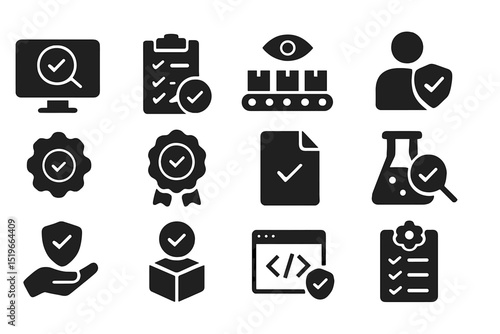 Symbols representing quality assurance, checks, and monitoring in various industries and activities