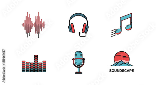 Illustration featuring sound waves, headphones, musical note, equalizer, microphone and soundscape art