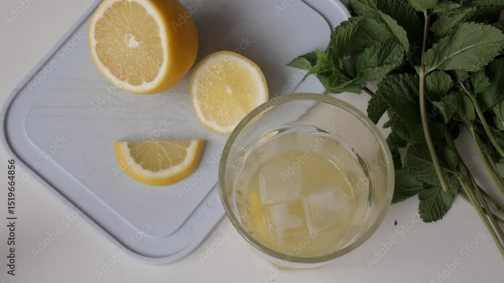 Freshly made lemonade with mint leaves and lemon slices next to an iced glass Freshly made lemonade with mint leaves and lemon slices next to an iced glass
