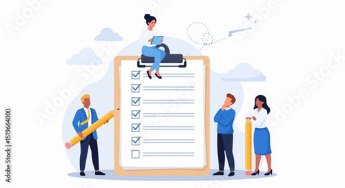 Cartoon-style illustration of diverse characters interacting with a large clipboard checklist, pencils, and a tablet, symbolizing teamwork, planning, and productivity on a soft beige background