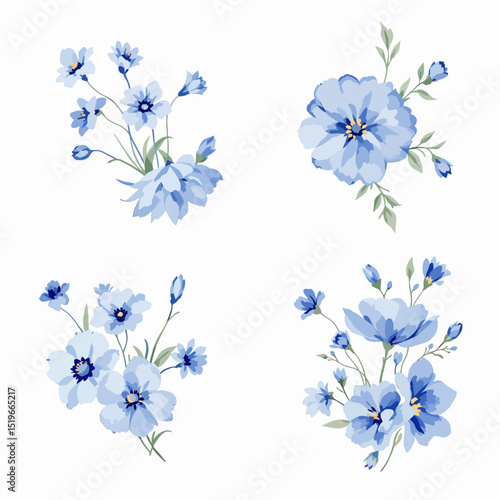 Watercolor blue flowers hand drawn floral illustration set on white background