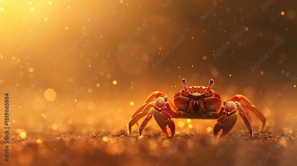 Fototapeta premium Close up of a vibrant red crab on a beach at sunset. Golden hour lighting, bokeh effect.