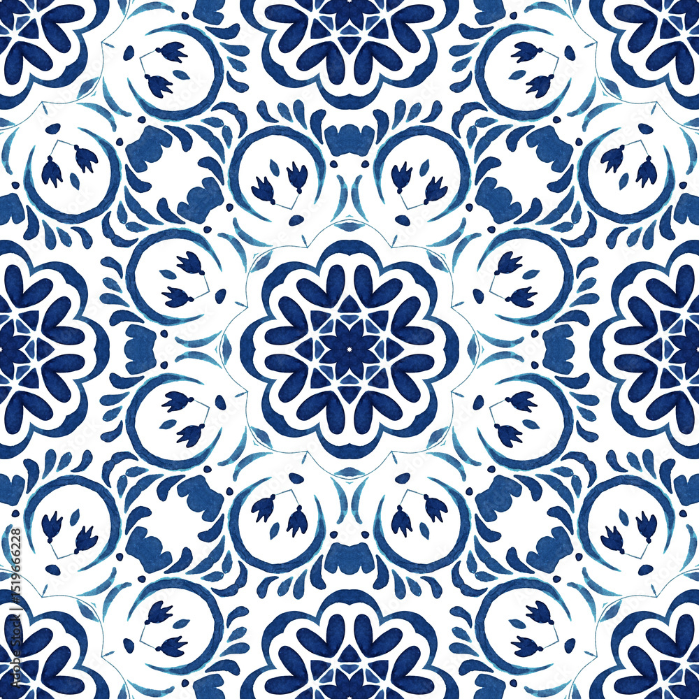 Obraz premium Gorgeous seamless blue floral watercolor pattern oriental mandala design