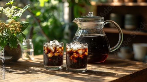 Iced coffee in glasses, sunlit cafe setting